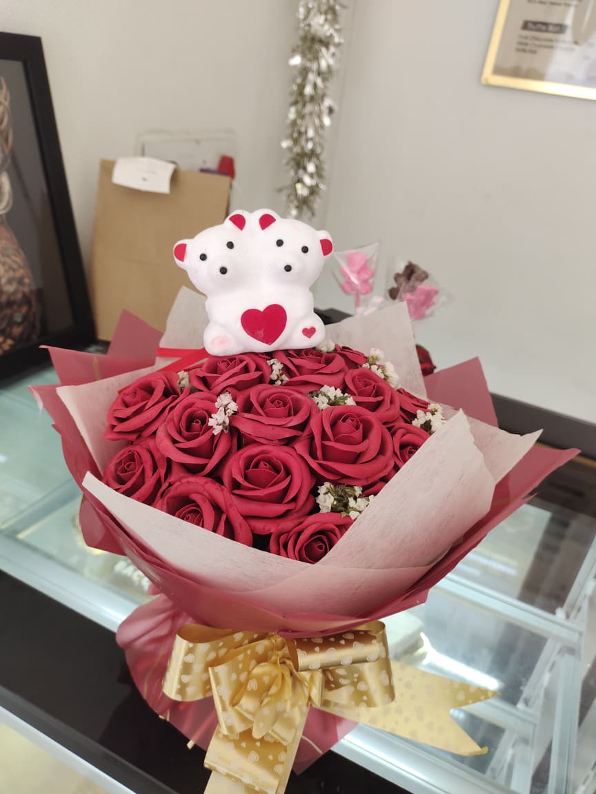 Teddy Artificial Rose Bouquet with Glittered & Scented rose view 1